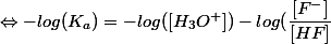 \Leftrightarrow -log(K_a) = -log([H_3O^+]) - log(\dfrac{[F^-]}{[HF]}